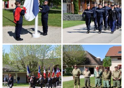 Montage de quatre photos montrant des cadets de la gendarmerie, des porte-drapeaux et des participants lors d’une cérémonie officielle.